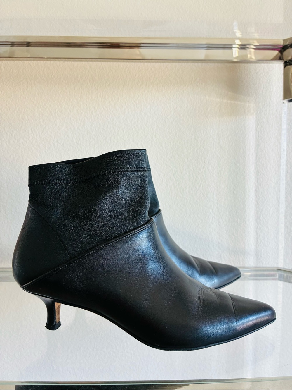 Tibi 36.5 Black Leather Kitten Heel Ankle Boots